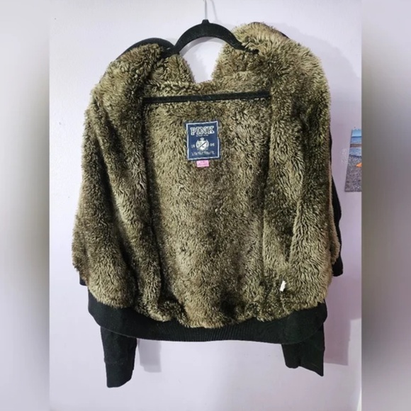 💕 Victorias Secret PINK Vintage Faux Fur-Lined Zip-Up Hoodie Black Large - Picture 2 of 4